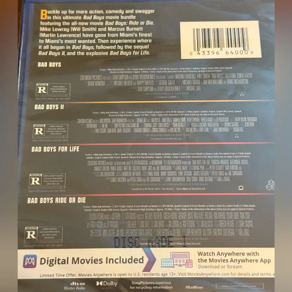 Bad Boys 4- Movie Collection - Multi-Feature - Blu-ray + Digital DVDs new sealed - Picture 2 of 2